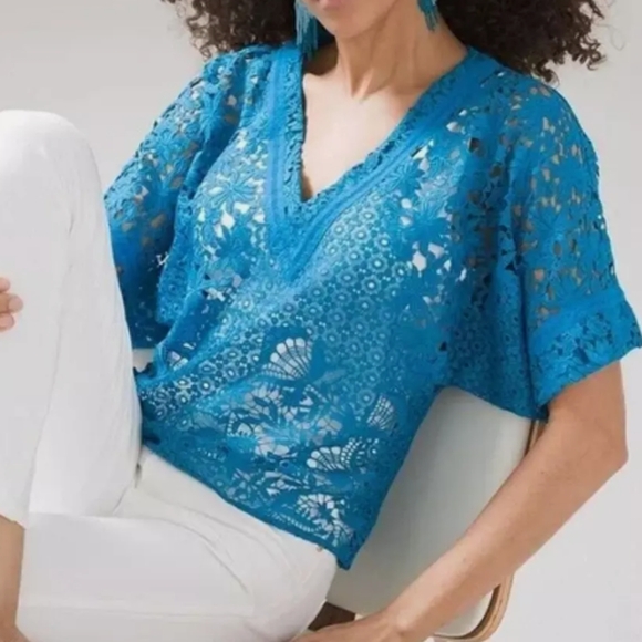 White House Black Market Tops - White House Black Market Ocean Blue Es Lace V-Neck Kimono Blouse